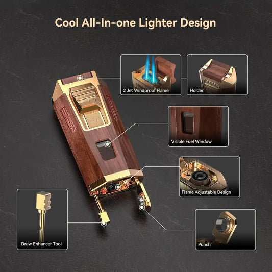 Cigar Lighter with Punch, Holder & Draw Enhancer Tool – Dual Jet Flame Adjustable Windproof Metal Lighter